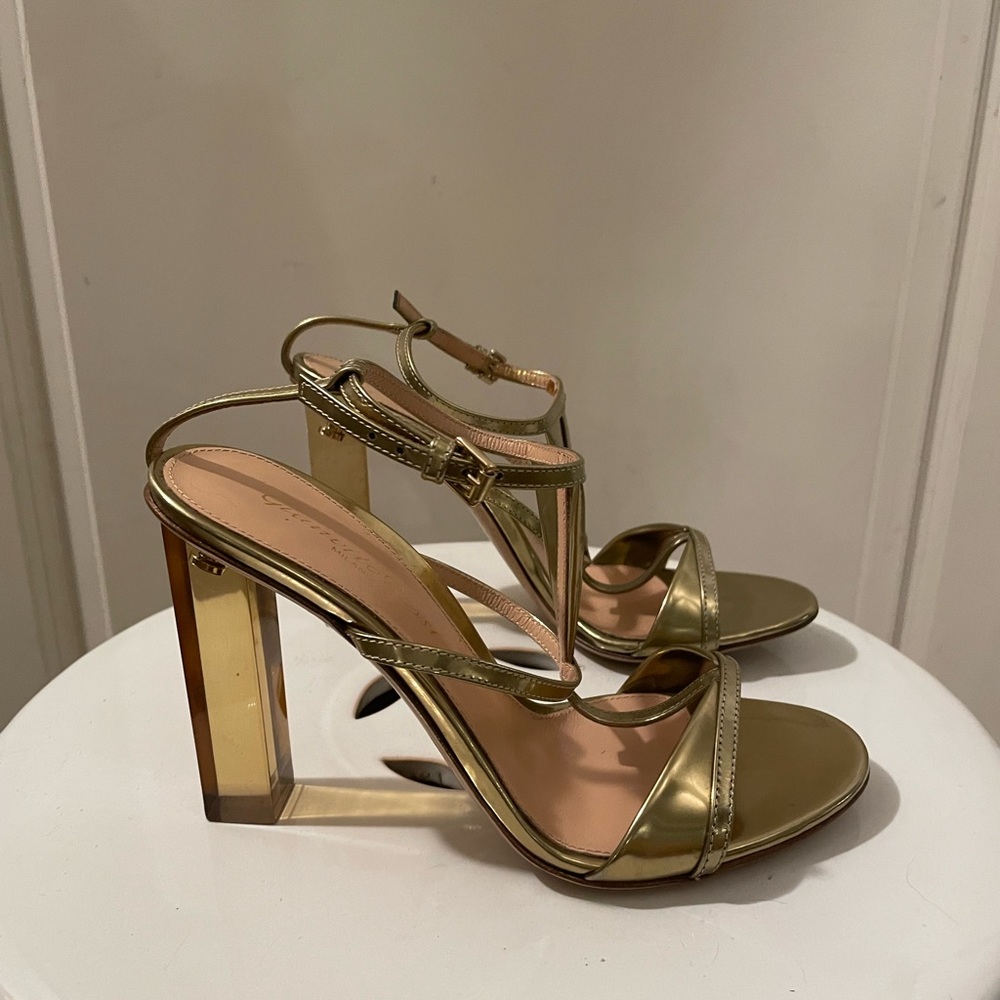 Gold Patent Leather Strappy Heels by Gianvito Rossi size 35.5